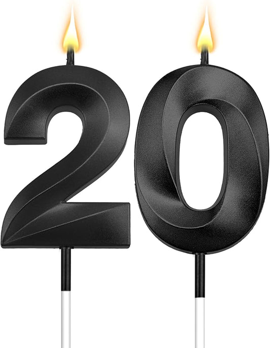 20th Birthday Candles 20Candles for 20th Birthday Decorations for Boys Happy 20 Birthday Cake Topper Black Birthday Candles Black Number Candles (20)