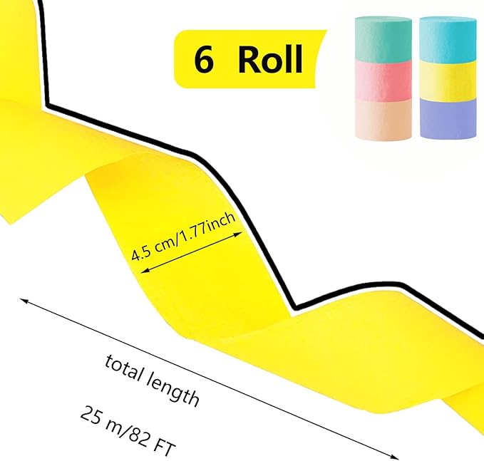 Pastel Crepe Paper Streamers, Party Streamers for Birthday Party,Graduation Decorations,Light Pink, Purple, Yellow, Peach, Green, Blue, 6 Rolls（82 Feet Long x 1.77 Inch）