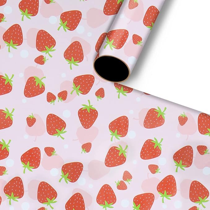 Strawberry Wrapping Paper Happy Birthday Girls Kids 6 Sheets, Cute Sweet Strawberries Fruity Design Perfect DIY Gift Wrap Pink Wraping Paper for Birthday, Holiday, Wedding, Baby Shower, Christmas,