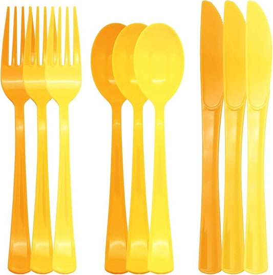 180 PCS Yellow Plastic Silverware Heavy Duty Yellow Plastic Cutlery Set Disposable 60 Forks, 60 Knives, 60 Spoons for Birthday, Party, Picnic