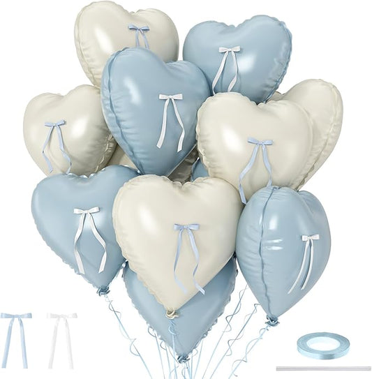 Blue White Heart Balloons with Ribbon Bow, 10 Pcs Baby Blue Cream Heart Shape Foil Balloons, 18 Inch Helium Balloon with Bow Decoration for Boy Baby Shower Baptism Brithday Bridal Shower Party Decor
