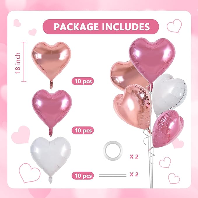 TONIFUL 30Pcs 18 Inch Rose Gold Pink Heart Balloons Pink White Heart Shape Foil Mylar Balloons Decoration for Birthday Valentine's Day Wedding Bridal Shower Anniversary Engagement Party Supplies