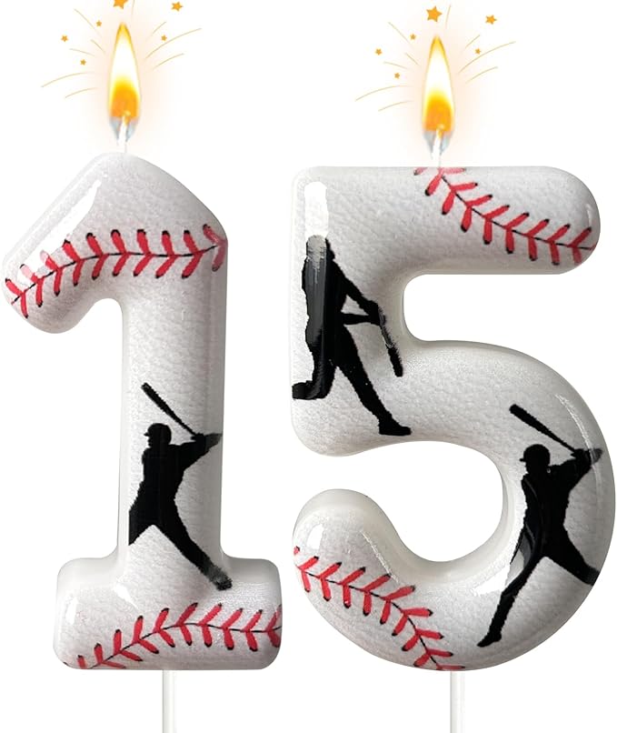 Baseball Birthday Number Candle, Number Candles for Cake Topper, Ideal Birthday Parties Cake Decor, Wedding Anniversary and Other Celebrations (Candle 15)