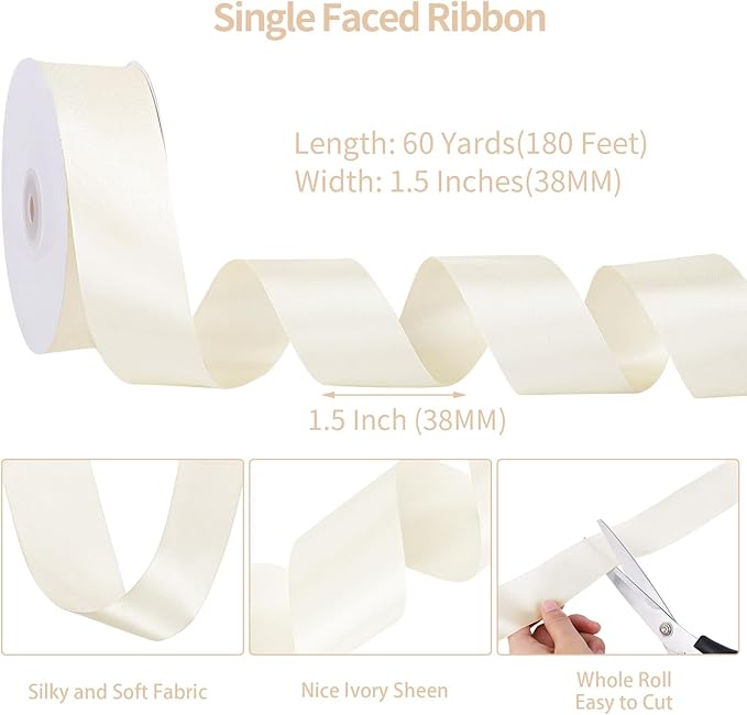 woric Ivory Satin Ribbon 1 1/2 Inch 60 Yards Cream Ribbon Gift Bows for Gift Wrapping Wedding Decor Flower Bouquet Bridal Shower Hair Bows Crafts Home Decor