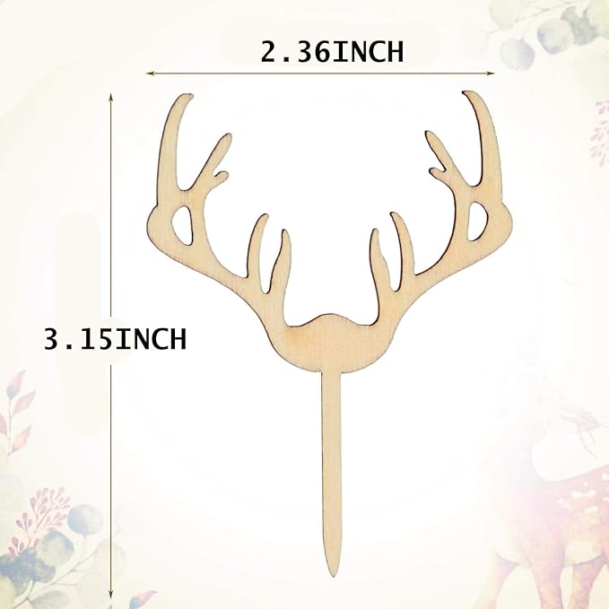 AUMIO Deer Cupcake Toppers Wooden Baby Shower Woodland Antler Cake Picks Party Decorations Wedding Hunting Boho Rustic Country Birthday Party Supplies Set of 24