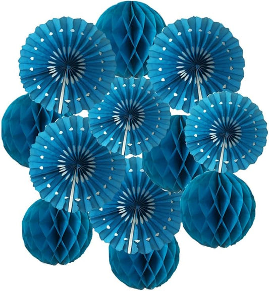 12pcs 6’’ 8’’ Honeycomb Balls Tissue Paper Fans Party Honeycomb Ball Fans Wall Tissue Pom Poms Flower Balls Hanging Paper Fans for Party Baby Shower Birthday Wedding Nursery Wall Decor(Teal kit)