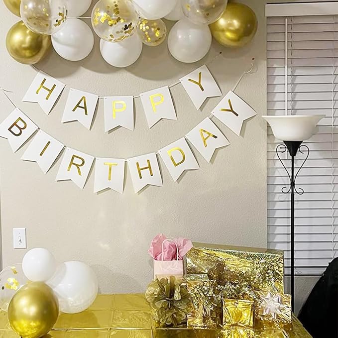 Happy Birthday Banner Birthday Party Supplies Garland Decorations Birthday Signs Nursery Hanging Decor (White)