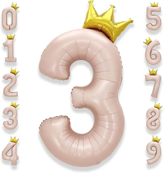AULE 40 Inch Big Pink 3 Balloon Number with Crown Large Foil Helium Number Balloons 0-9 Jumbo Giant Happy 3rd Birthday Party Decorations Huge Mylar Anniversary Party Supplies