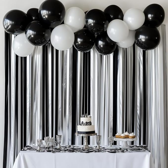6 Crepe Paper Streamers Rolls, 492ft Pack of Silver and Black Streamers for Party Decorations, Birthday Streamers, Party Streamers (1.8 inch x 82 ft/Roll)
