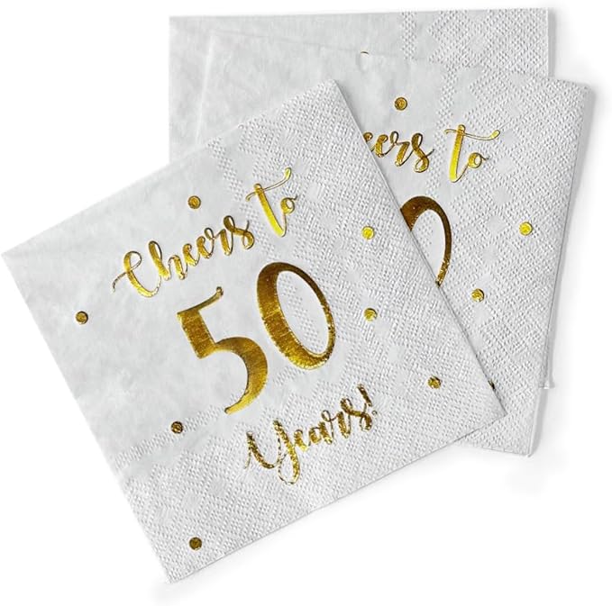 Cheers to 50 Years Cocktail Napkins | Happy 50th Birthday Decorations for Men and Women and Wedding Anniversary Party Decorations | 50-Pack 3-Ply Napkins | 5 x 5 inch folded (White)