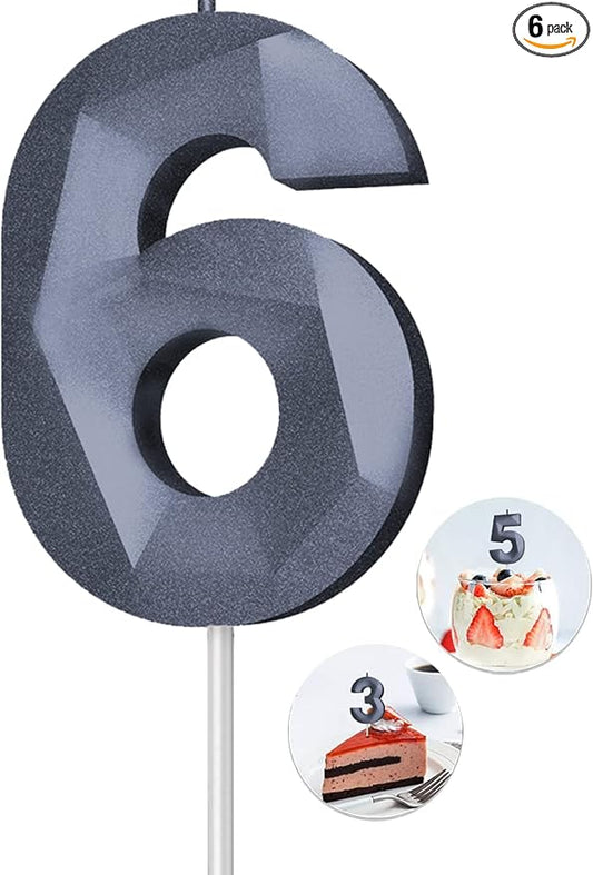 Number Birthday Candles(6 Candle Black) 3D Diamond Shape 6th Happy Birthday Cake Topper Decorations for Boy Men Birthday Wedding Anniversary Celebration Theme Party Supplies