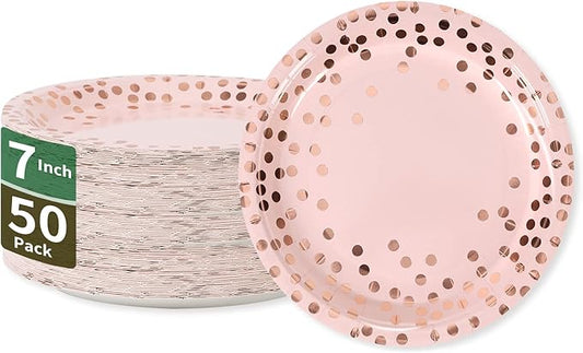 Pink & Rose Gold Dots Party Paper Plates, 50 PCS Disposable Party Supplies Dessert Paper Plates for Birthday Wedding Bridal Shower Supplies (7 inches)