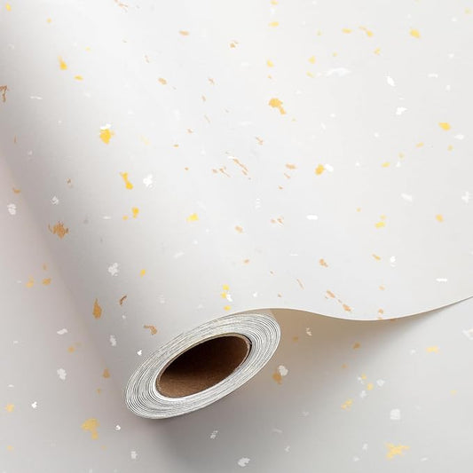 MAYPLUSS White Wrapping Paper Roll - 17Inch x 16.5Feet - Elegant Ivory Gold Foil Design Shiny Flakes Silky Touch Thick Matte Gift Wrap Paper for Birthday, Holiday, Wedding, Baby Shower