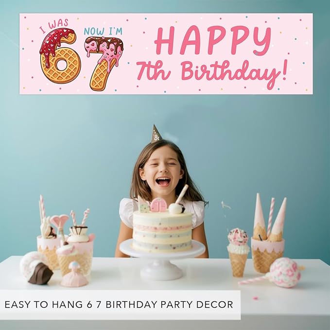 Andaz Press 13x48 Inch 6 7 Birthday Banner Decorations, I Was 6 Now I'm 7 Birthday Banner Ice Cream Theme Design 67 Happy Birthday Party Banner for Boys or Girls, Home or Party Decor Backdrop Sign