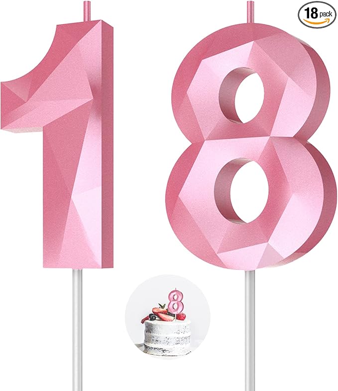Number Birthday Candles(18 Candle Pink) 3D Diamond Shape 18th Happy Birthday Cake Topper Decorations for Girl Women Birthday Wedding Anniversary Celebration Theme Party Supplies