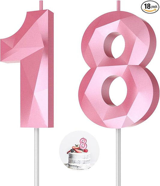 Number Birthday Candles(18 Candle Pink) 3D Diamond Shape 18th Happy Birthday Cake Topper Decorations for Girl Women Birthday Wedding Anniversary Celebration Theme Party Supplies