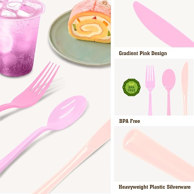 180 PCS Pink Plastic Silverware, Pink Plastic Cutlery Set Disposable 60 Forks, 60 Knives, 60 Spoons for Birthday, Valentine's Day, Baby Shower, Bridal Shower