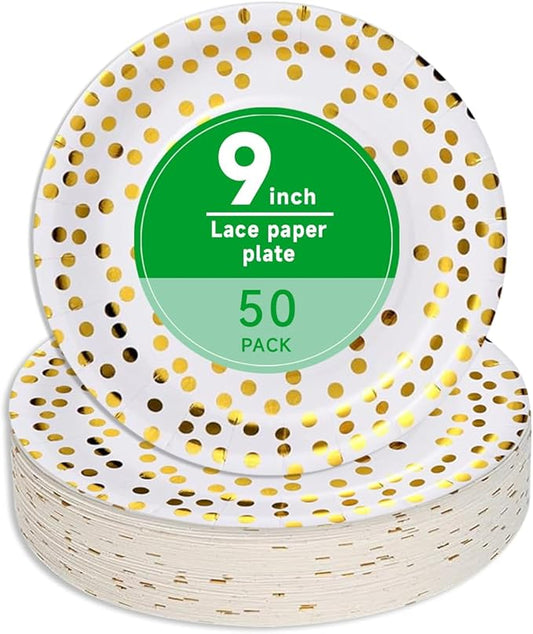 50pcs White and Gold Paper Plates - 9 inch Foil Polka Dots Disposable Dinner Plates for Birthday, Wedding, Graduations, New Year and Holiday Party Supplies