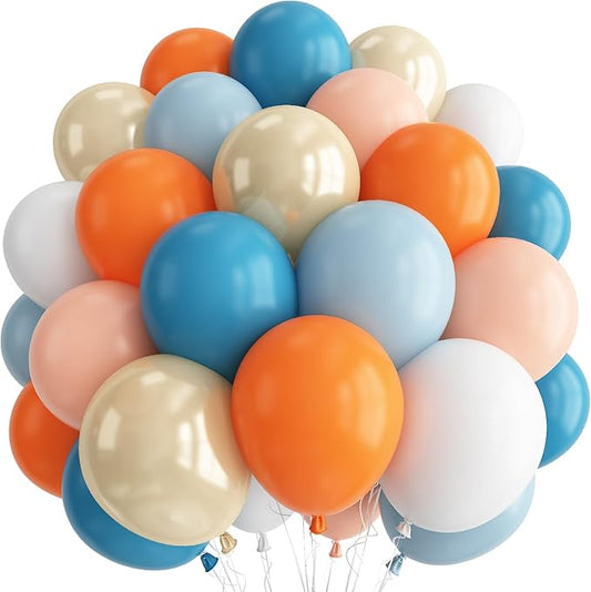 Orange Blue and Gold Balloons Set, Pastel Teal Orange Blue Light Gold Latex Balloons Set for Kids Birthday Baby Shower Graduation Summer Beach Pool Carnival Sport Party Decorations