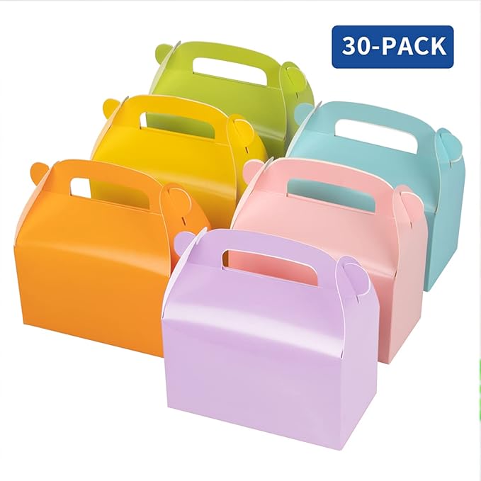 30-Pack Colorful Party Favor Treat Boxes, Goodie Boxes, Gable Paper Gift Boxes with Handles. Perfect for Rainbow Party Decoration Supplies