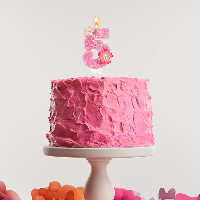 Pink Flower Birthday Candle,Number Birthday Candles for Cake, Ideal Birthday Parties Cake Decor, Wedding Anniversary and Other Celebrations (Number 5, Pink)