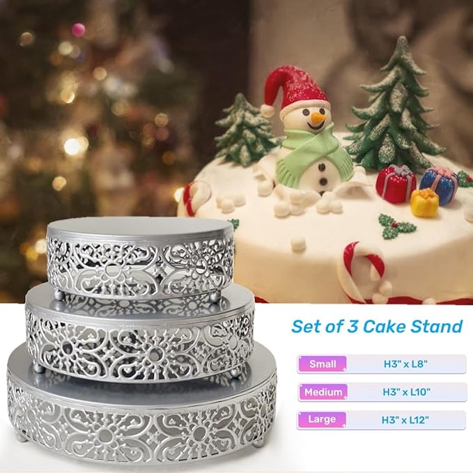 Silver Cake Stand, 3Pcs Round Metal Cake Stand Set, Dessert Cupcake Pastry Candy Display Plate 8" 10" 12" for Wedding, Event, Birthday Party (Silver Cake Stands / 3 Pcs)