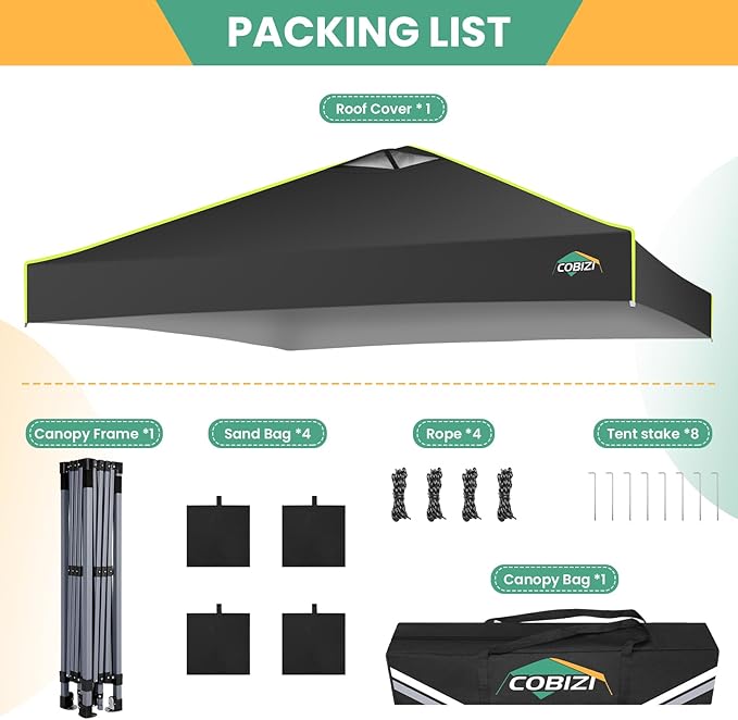 COBIZI 10x10 Pop Up Canopy Tent, Outdoor Party Tent Without Sidewall One Push Setup Glow, 3 Adjustable Height Air Vent Waterproof UPF50+, Bag, 4 Sandbag, 8 Stake, 4 Rope for Beach, Commercial