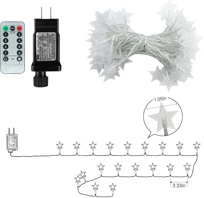 RaThun 49.2ft Warm White Star String Lights, 100 LED with 16ft Extended Lead Wire & Remote, 8 Modes, IP44 Waterproof Plug in Linkable Lights for Outdoor Indoor Party Wedding