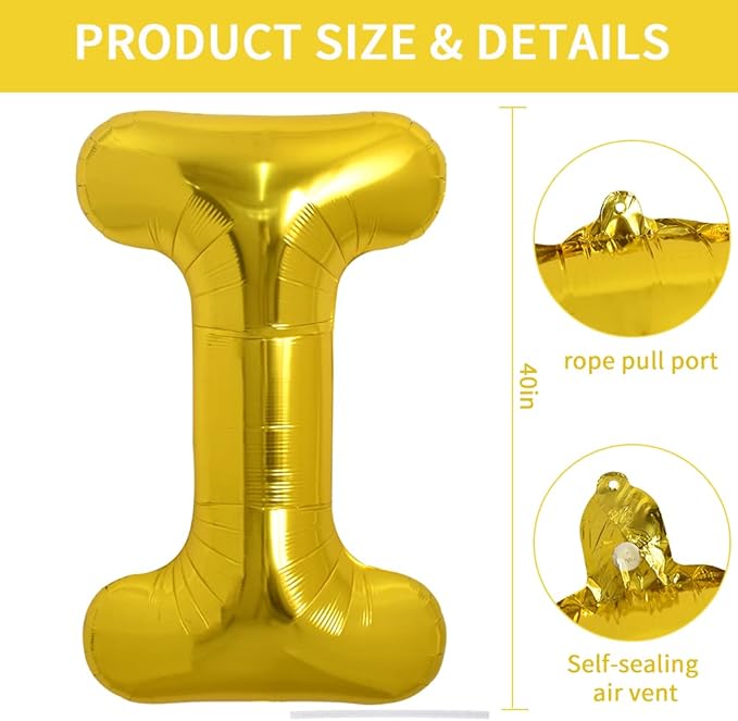 TONIFUL 40 Inch Large Gold Letter I Balloons - Helium Filled, Foil Mylar Big Balloons for 2026 New Year Eve Graduation Wedding Baby Shower Birthday Party & Anniversary Decorations