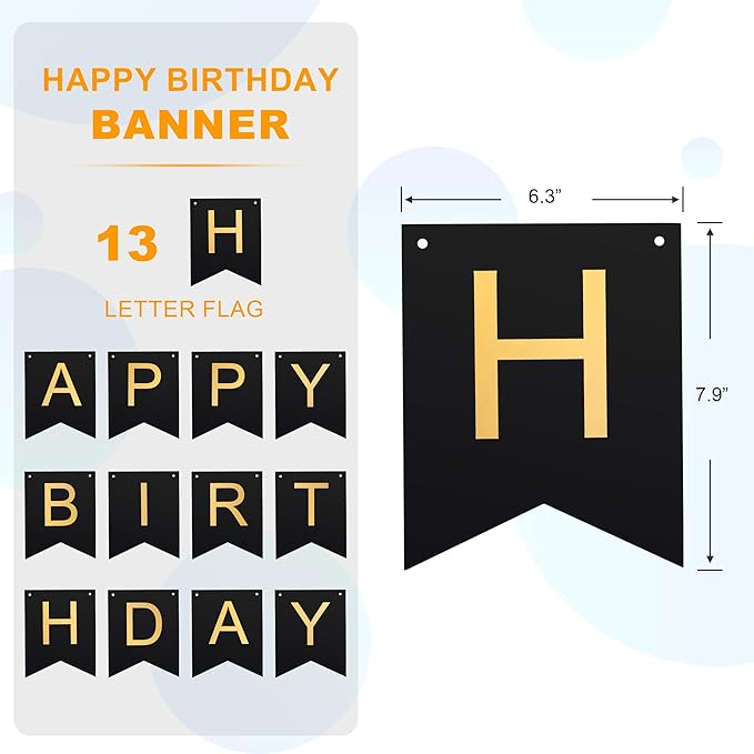 Black Happy Birthday Banner - Hanging Backdrop Sign With Gold Letters, Happy Birthday Sign Bunting Decorations For Men Women Kids Baby Shower Party Supplies (13pcs)