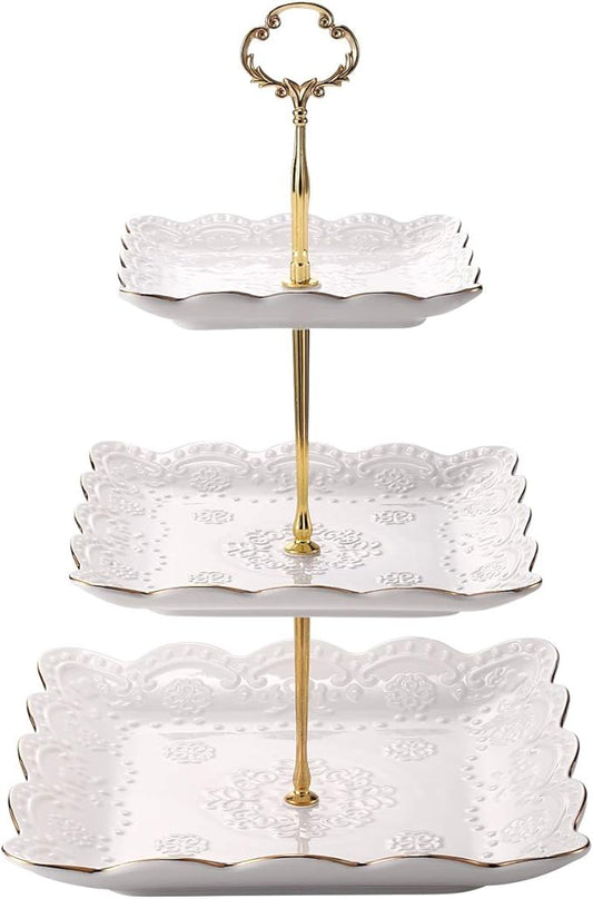 Sumerflos 3-Tier Square Porcelain Cake Stand, White Rimmed with Gold Embossed Cupcake Dessert Stand - Tiered Serving Tray for Tea Party and Show