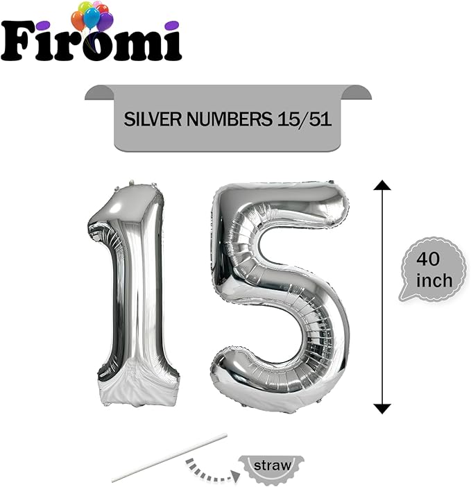 FIROMI 15 Number Balloons Silver Big Giant Jumbo Huge Foil Mylar 15 Balloon Numbers for 15th Birthday Party Anniversary Events Decorations 40-inches