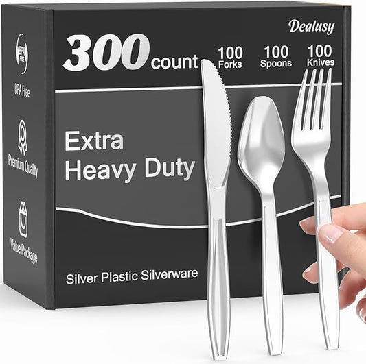 Dealusy 300 Count Extra Heavy Duty Silver Plastic Silverware, 100 Forks, 100 Spoons, 100 Knives, BPA-Free, Heat Resistant, Disposable Plastic Utensils Set, Plastic Cutlery Set, Plasticware Bulk