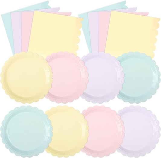 120 Pcs Pastel Paper Plates and Napkins Pastel Rainbow Party Supplies Bulk Disposable 7 Inch Scalloped Plates Cocktail Napkins for Colored Easter Wedding Bridal Baby Shower Birthday, Serve 60