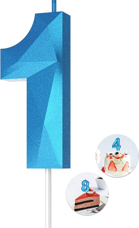 Number Birthday Candles(1 Candle Blue) 3D Diamond Shape Number Happy Birthday Cake Candles for Birthday Party Wedding Decoration Reunions Theme Party