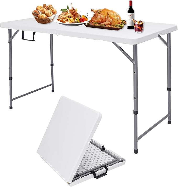 Folding Camping Table 4 Foot Adjustable Height 350lbs, 4FT Folding Picnic Card Table for Outdoor, Plastic Rectangular Dining Work Tables for Indoor, Heavy Duty Fold-in-Half Tray Tables