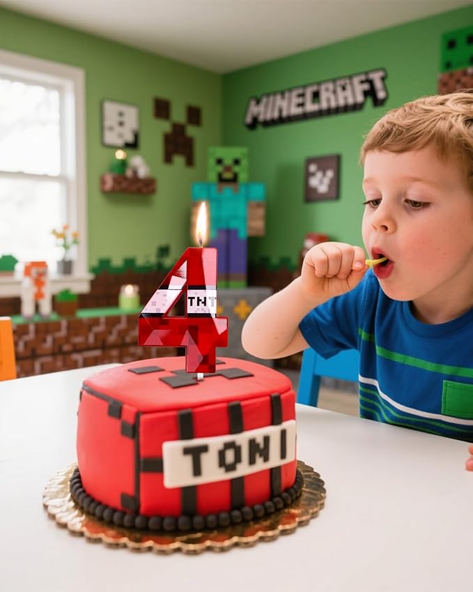 Number 4 Red Pixel Birthday Candle, TNT Themed Birthday Candles for Cake, 2.69 Inch Green Miner Number Candles, Game Themed Candle Birthday Decoration, Red Birthday Cake Topper for Boys Girls Party
