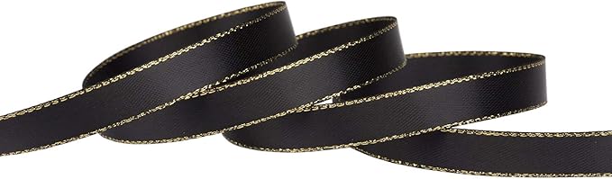 3/8" Double Face Satin Ribbon with Gold Edge 25 Yards (030-Black), Set for Gift Wrapping, Party Decor, Wedding and Craft
