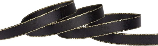 3/8" Double Face Satin Ribbon with Gold Edge 25 Yards (030-Black), Set for Gift Wrapping, Party Decor, Wedding and Craft