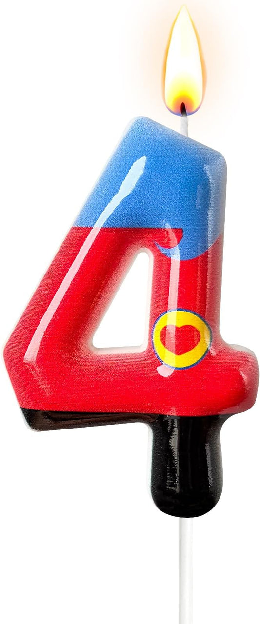 Number 4 Birthday Candle for Cake – Red Blue Cartoon Hero Style with Heart Design – Cute Cake Topper for Birthday Party Decoration