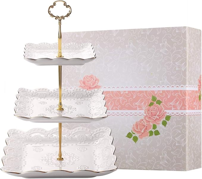 Sumerflos 3-Tier Square Porcelain Cake Stand, White Rimmed with Gold Embossed Cupcake Dessert Stand - Tiered Serving Tray for Tea Party and Show