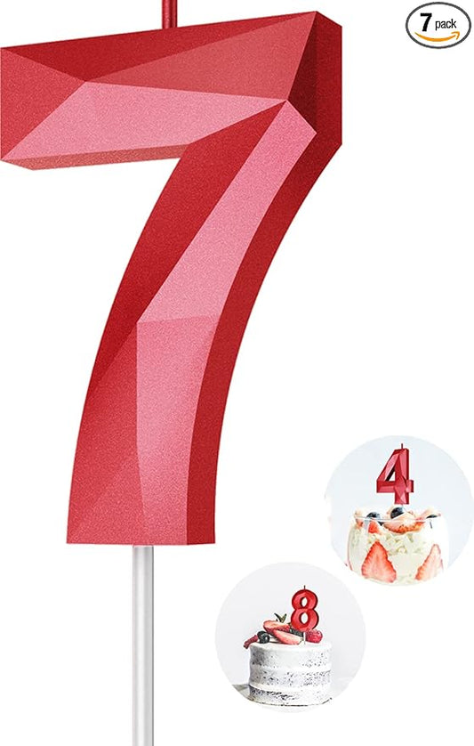 Number Birthday Candles(7 Candle Red) 3D Diamond Shape Number Happy Birthday Cake Candles for Birthday Party Wedding Decoration Reunions Theme Party