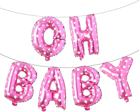 REIANS 16 Inch Oh Baby Foil Letters Balloons Banner Hanging Party Kit for Baby Shower Gender Reveal Party decoration Supplies (Pink Heart)