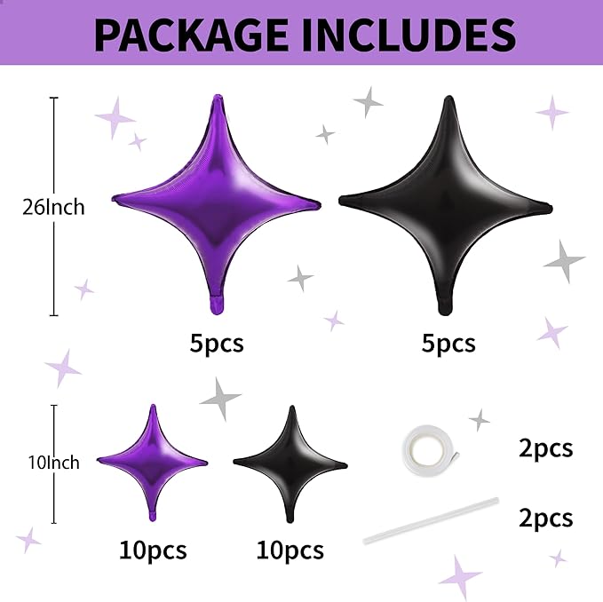 TONIFUL 30Pcs 26In&10In Star Balloons Black and Purple Four Pointed Foil Mini Star Mylar Balloons for Halloween Birthday Wedding Baby Shower Anniversary Engagement Party Decor Supplies