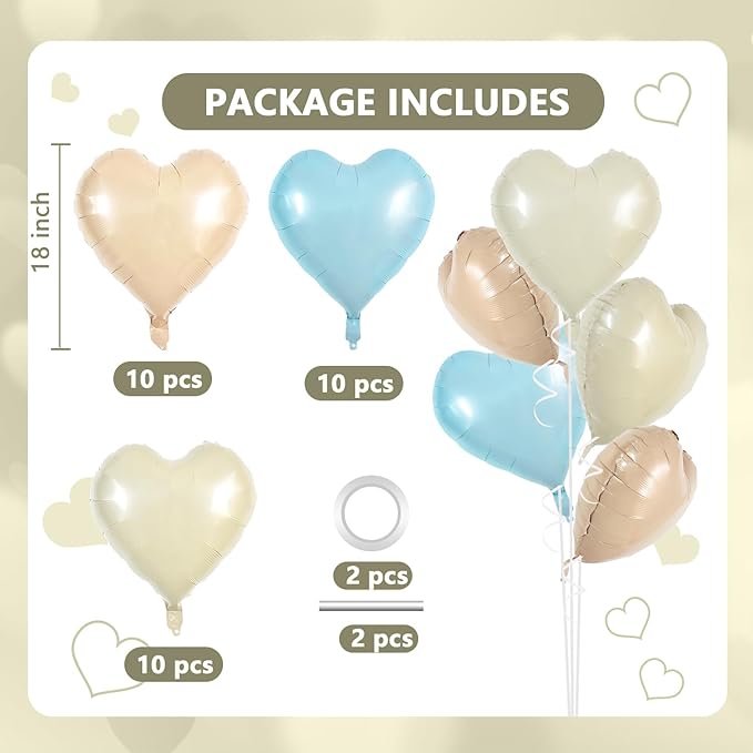 TONIFUL 30Pcs 18 Inch Light Blue Cream White Caramel Balloons Heart Shape Foil Mylar Banners Decoration for Birthday Valentine's Day Wedding Bridal Shower Anniversary Engagement Party Supplies