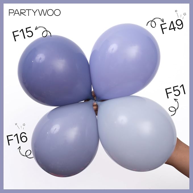 PartyWoo Dusty Blue Balloons 140pcs Different Sizes Pack of 18 12 10 5 Inch Boho Dusty Purple Muted Lavender Balloon Arch Kit for Baby Shower Anniversary Graduation Birthday Party Decorations Blue-F16