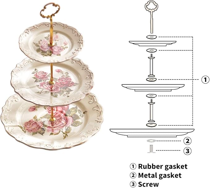 YOLIFE Red Rose Pattern 3 Tiered CupCake Stand, Emboss Golden Leaves Edge Porcelain 3 Tier Pastry Desert Fruit Stand