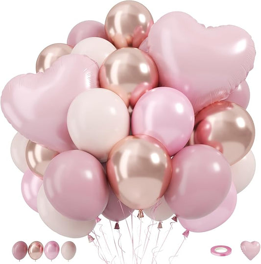 Dusty Pink Balloons, 12 Inch Double Stuffed Dusty Blush Pearl Baby Pink Cream Beige Latex Balloons with Heart Foil Balloon for Girls Women Boho Birthday Bachelorette Wedding Party Decoration