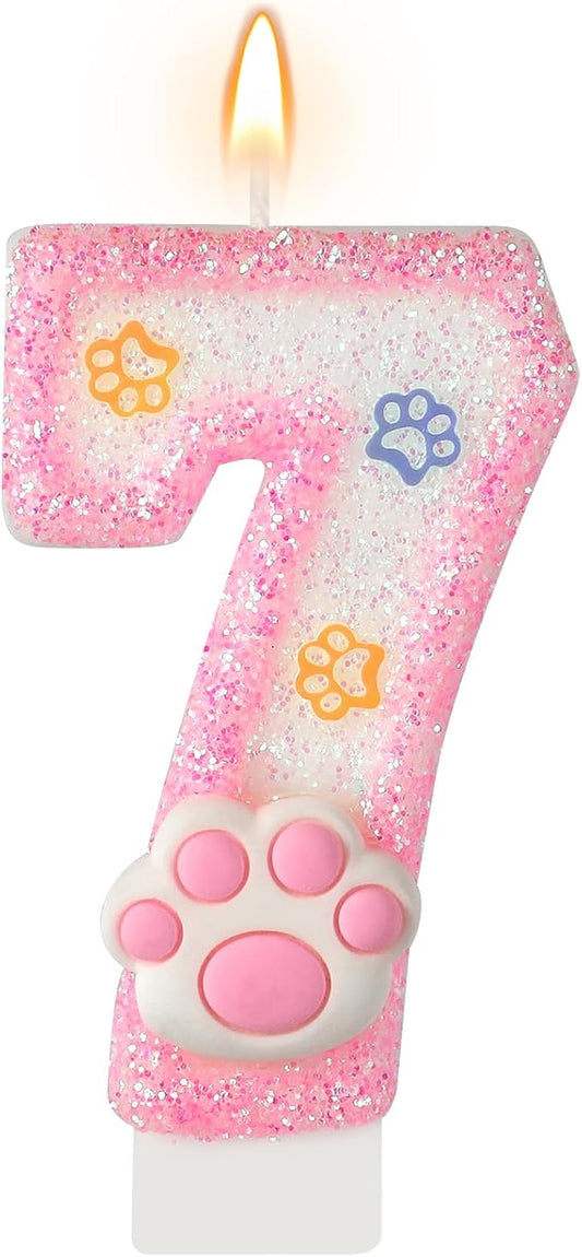 AKURIEEY Dog and Cat 7th Birthday Candle Pink Numbers 7 Candle Paw Cake Topper Cupcake Decorations for Pet Theme Party Decor Anniversary Celebrations Supplies