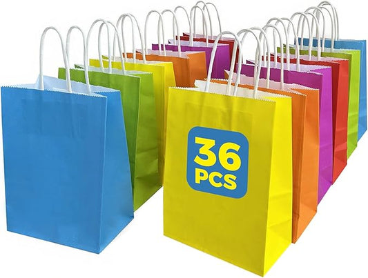 Sanyuanzhou 36 Pack Gift bags with handles，8.2"×3.1"×5.9" paper bags with handles bulk，For children's birthdays, baby showers, crafts, weddings, party supplies (6 colors)